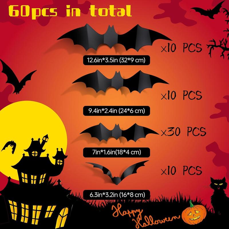 60PCS Bat Decor, Halloween Room Decor, 4 Different Sizes Realistic Waterproof PVC Black 3D Scary Bat Sticker for Home Decor Wall Decal Indoor Hallowmas Party Supplies