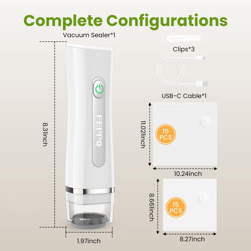 FEPPO Vacuum Sealer for Food with Visual Water Storage Tank, Handheld Saver Vacuum Sealer Machine with 30 Reusable Bags for 6X Preservation & Fresh