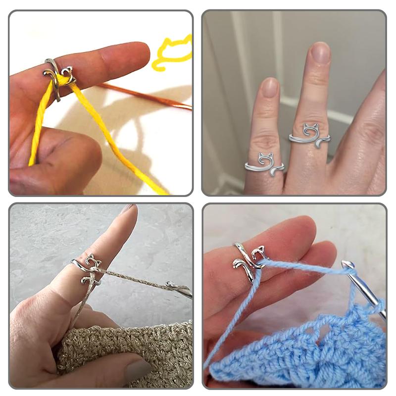 Crochet Ring for Finger Yarn Guide, 2 Count Adjustable Cat Design Knitting Loop Crochet Ring with Box, Knitting Accessory