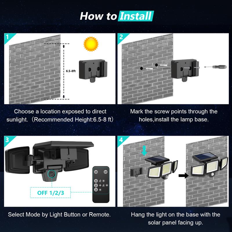 Tuffenough Solar Outdoor Lights 2500LM 210LED Security Lights,3 Heads Dimmable SpotLights with 3 Modes,IP65 Waterproof