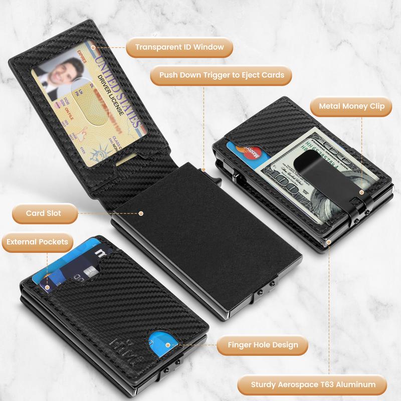 Wallet for Men with Money Clip RFID Blocking Minimalist Wallet Pop Up Aluminum Case Slim Credit Card Holder with Gift Box