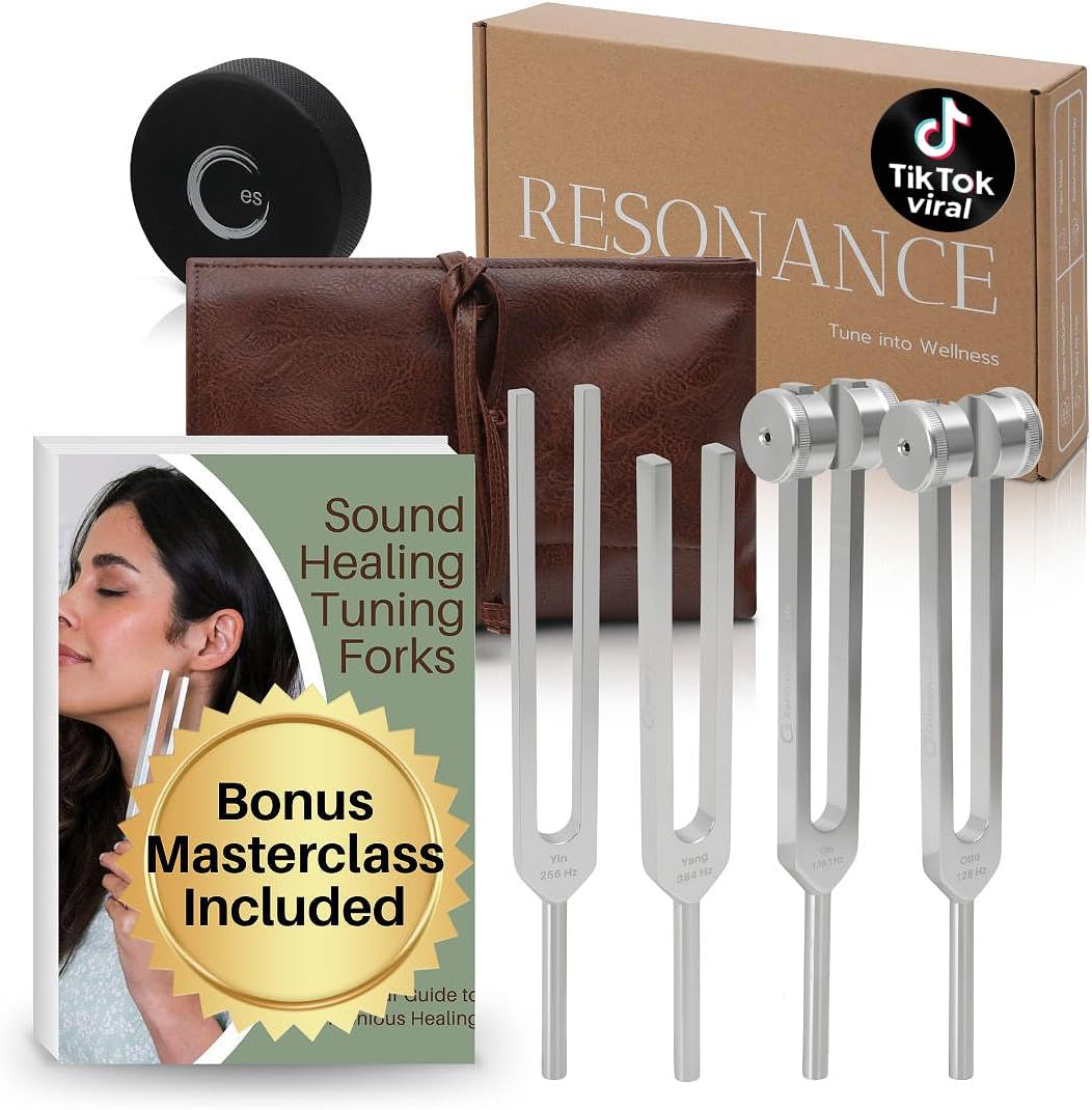Resonance Sound Healing Tuning Fork Set – 128Hz, 136.1Hz, 256Hz, 384Hz with Activator – Sound Therapy for Stress Relief, Deep Relaxation & Chakra Balancing