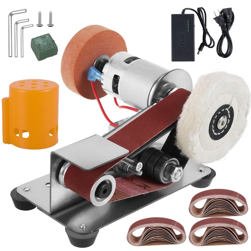 PoDhey Mini Belt Sander Multifunctional Electric Belt Grinder 7 Adjustable Speed Electric Polishing Sharpener Machine Heavy Duty Stainless Steel Small Electric Sander with 30 Sanding Belt for Metal