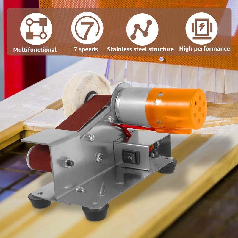 PoDhey Mini Belt Sander Multifunctional Electric Belt Grinder 7 Adjustable Speed Electric Polishing Sharpener Machine Heavy Duty Stainless Steel Small Electric Sander with 30 Sanding Belt for Metal