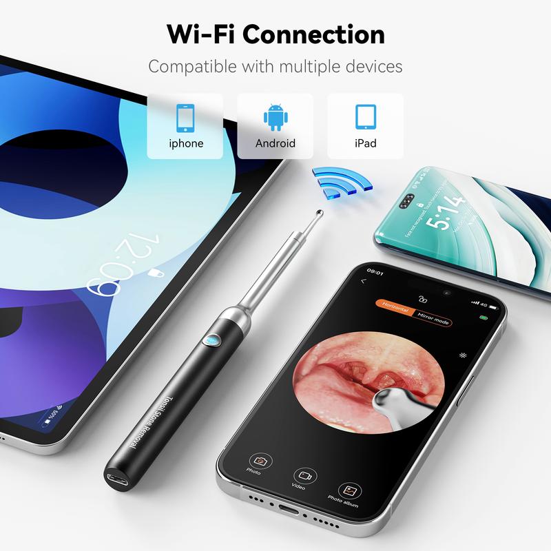 Tonsil Stone Remover Kit with Camera & Light - WiFi Connected for iOS/Android, 5 Attachments, Rechargeable (USB/Battery)