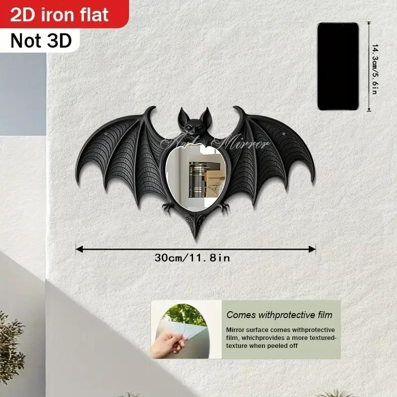 2D Flat, 1pc Bat Wall Mirror - Halloween Decorative Iron Frame with Black Finish,