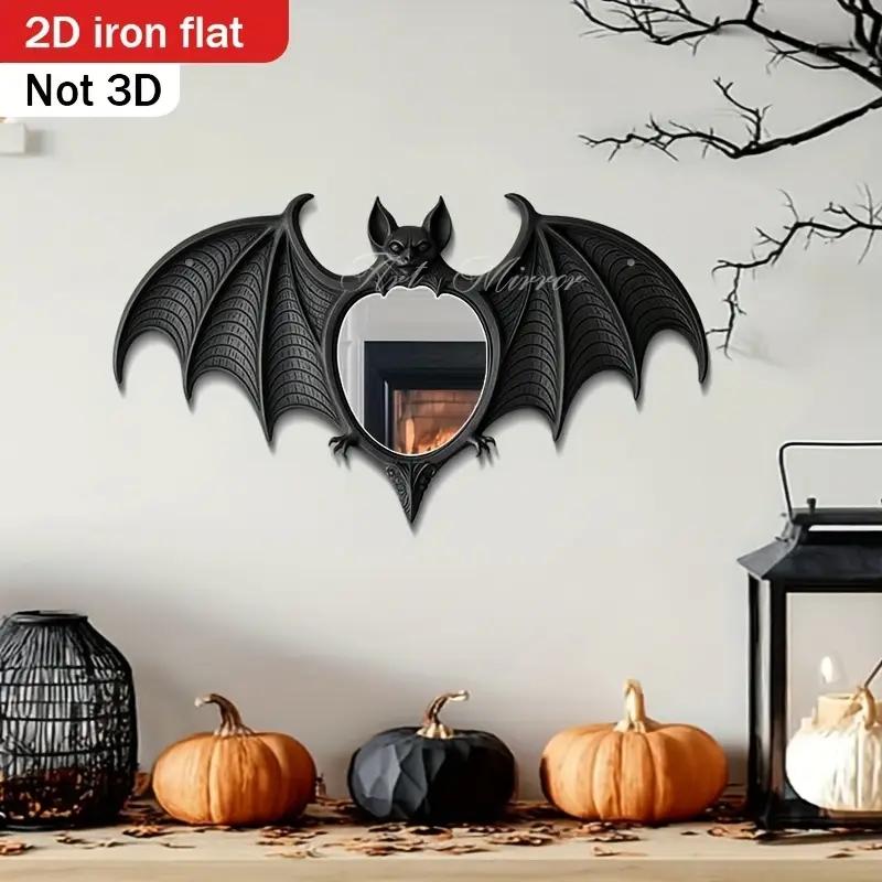 2D Flat, 1pc Bat Wall Mirror - Halloween Decorative Iron Frame with Black Finish,