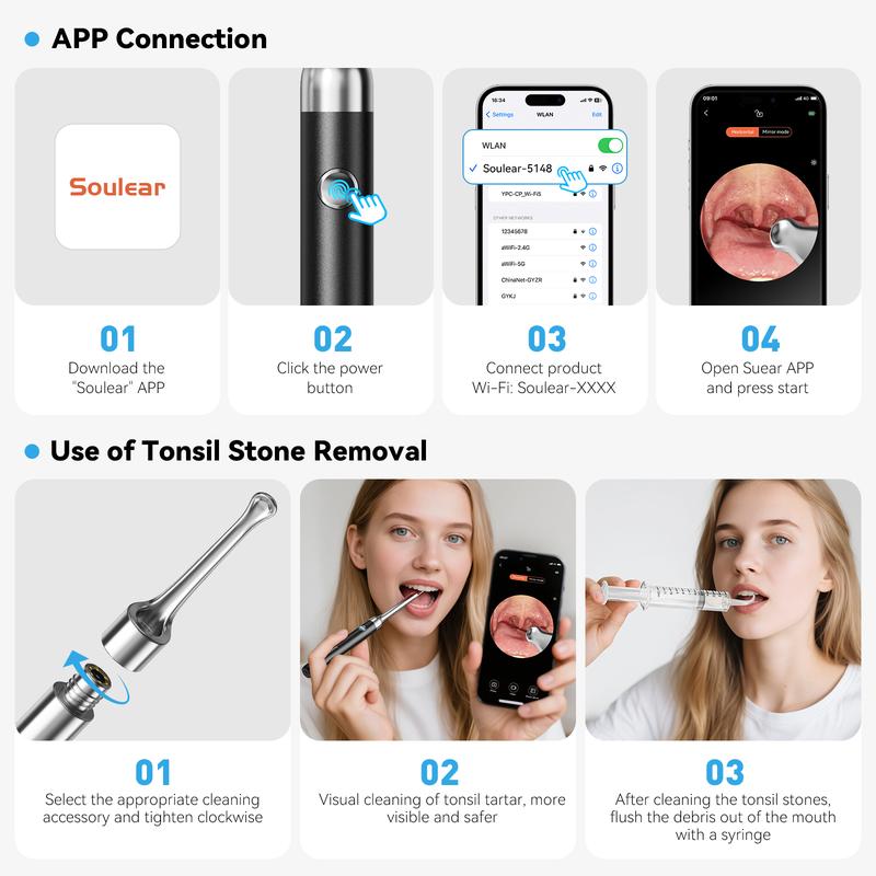 Tonsil Stone Remover Kit with Camera & Light - WiFi Connected for iOS/Android, 5 Attachments, Rechargeable (USB/Battery)