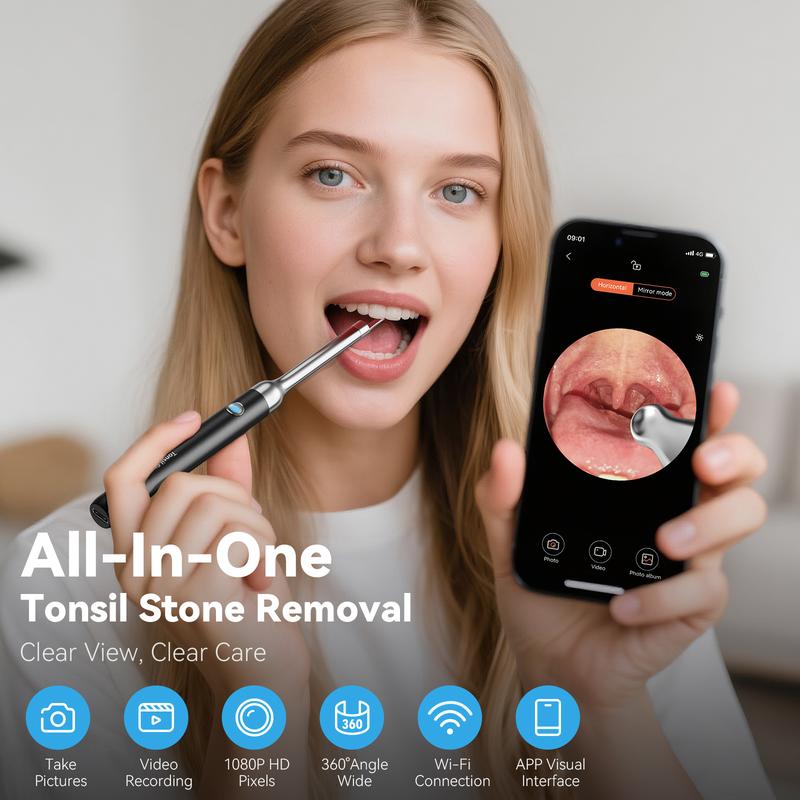 Tonsil Stone Remover Kit with Camera & Light - WiFi Connected for iOS/Android, 5 Attachments, Rechargeable (USB/Battery)