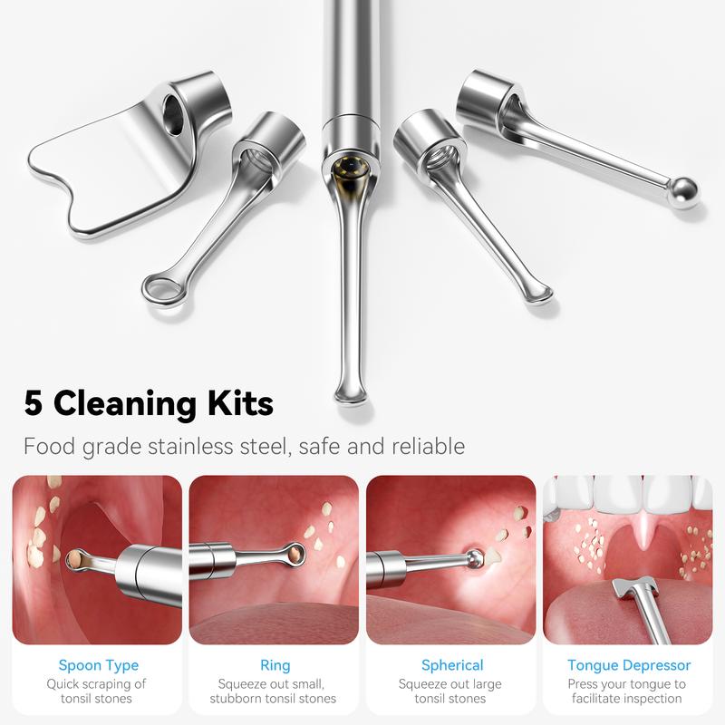 Tonsil Stone Remover Kit with Camera & Light - WiFi Connected for iOS/Android, 5 Attachments, Rechargeable (USB/Battery)