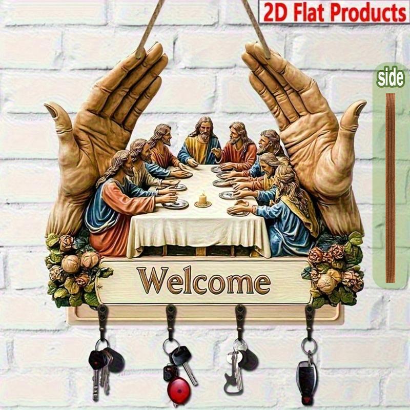 2D Flat Jesus and Disciples Wall Art Keychain  with Four Metal Hooks, 10.4