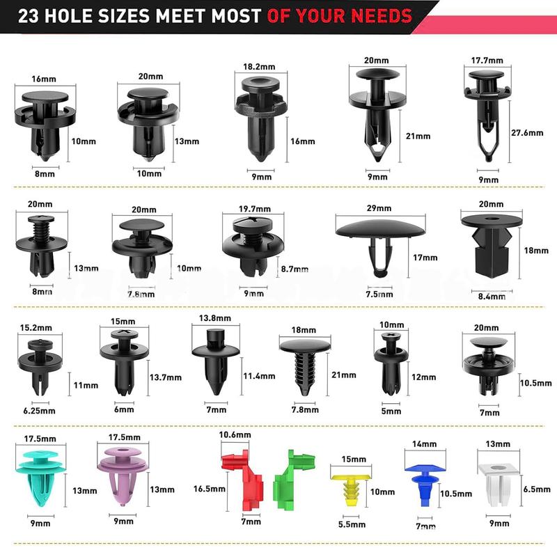 725 Push-On Retainer Clips and Snap Fasteners, Bumper Clips, Plastic Rivets, Racks and Pinions, 16 Common Sizes of Nylon Bumper and Fender Rivets, 10 Cable Ties, and A Fastener Remover for Toyota, GM, Ford, Honda, Acura, and Chrysler.