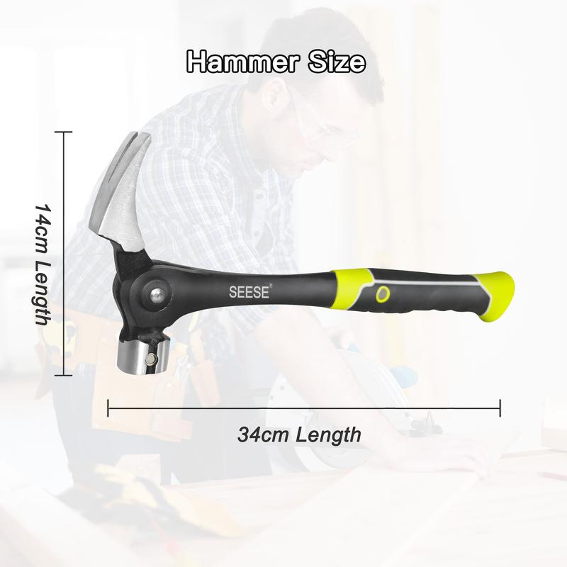 SEESE 16oz Claw Hammer with Magnetic Nail Starter,Indexing Rip Claw,Forged Steel Head,Shock-Absorbing TPR Grip,Heavy Duty Framing & DIY Tool