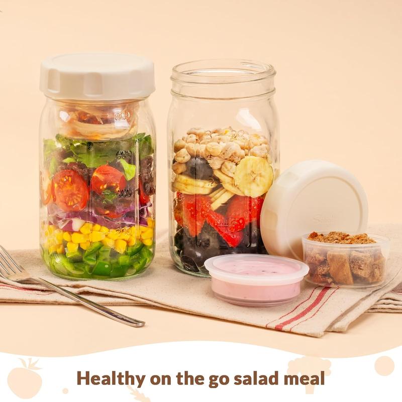 SOLIGT Glass Salad Jars with Lids, 4 Pack 32oz, Leakproof Container for Lunch - Two Small Built-in Boxes with Wet/Dry Separation for Salad Dressing and Dry Ingredients, Mason Jars for Meal Prep