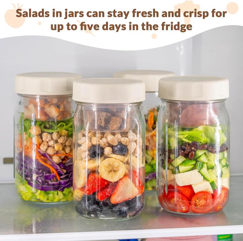 SOLIGT Glass Salad Jars with Lids, 4 Pack 32oz, Leakproof Container for Lunch - Two Small Built-in Boxes with Wet/Dry Separation for Salad Dressing and Dry Ingredients, Mason Jars for Meal Prep