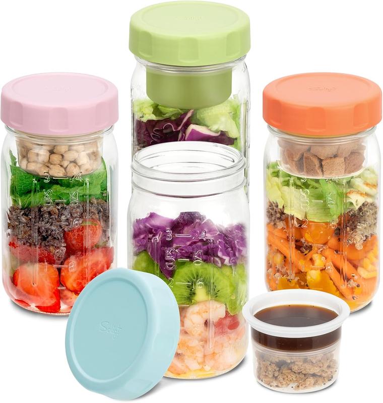 SOLIGT Glass Salad Jars with Lids, 4 Pack 32oz, Leakproof Container for Lunch - Two Small Built-in Boxes with Wet/Dry Separation for Salad Dressing and Dry Ingredients, Mason Jars for Meal Prep