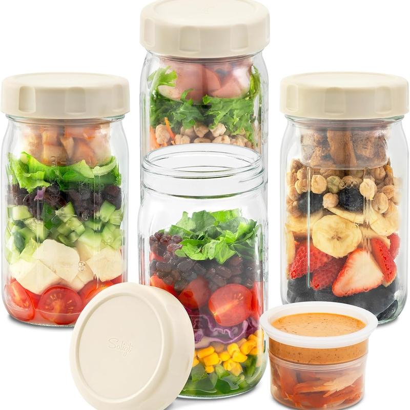 SOLIGT Glass Salad Jars with Lids, 4 Pack 32oz, Leakproof Container for Lunch - Two Small Built-in Boxes with Wet/Dry Separation for Salad Dressing and Dry Ingredients, Mason Jars for Meal Prep