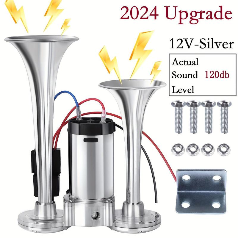 2025 Upgraded 12V 120DB Air Horn Dual Horn, Horn Kit with Air Compressor,Dual Electric Air Horns Kit with Compressor for Vehicles Trucks Pickup Trains Lorrys SUVs Cars Boats (12V SilverBlack) Alarm for Home Security,