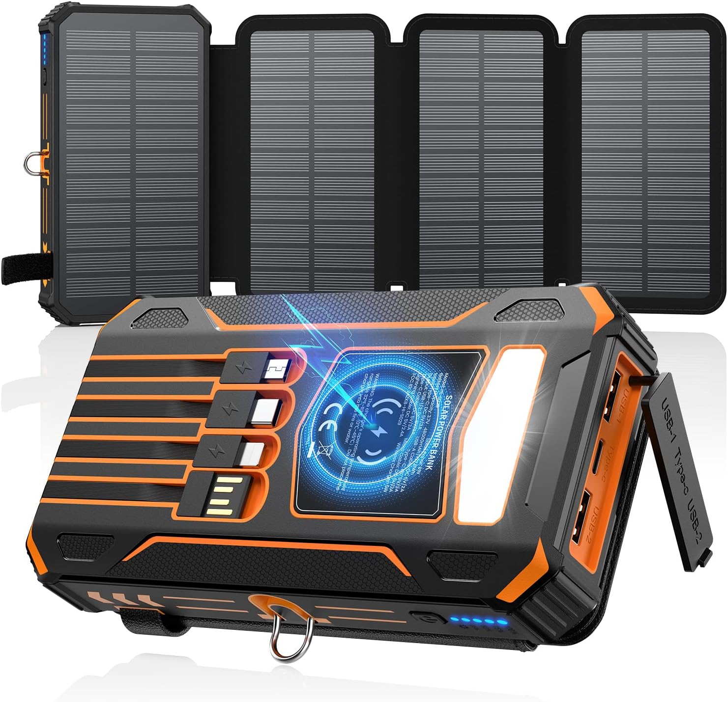 SOARAISE Solar Charger Power Bank - 48000mAh Wireless Portable Charger Built-in 4 Cables and 4 Solar Panels, PD QC 3.0 Fast Charging USB C Battery Pack with Flashlight for Camping Travel