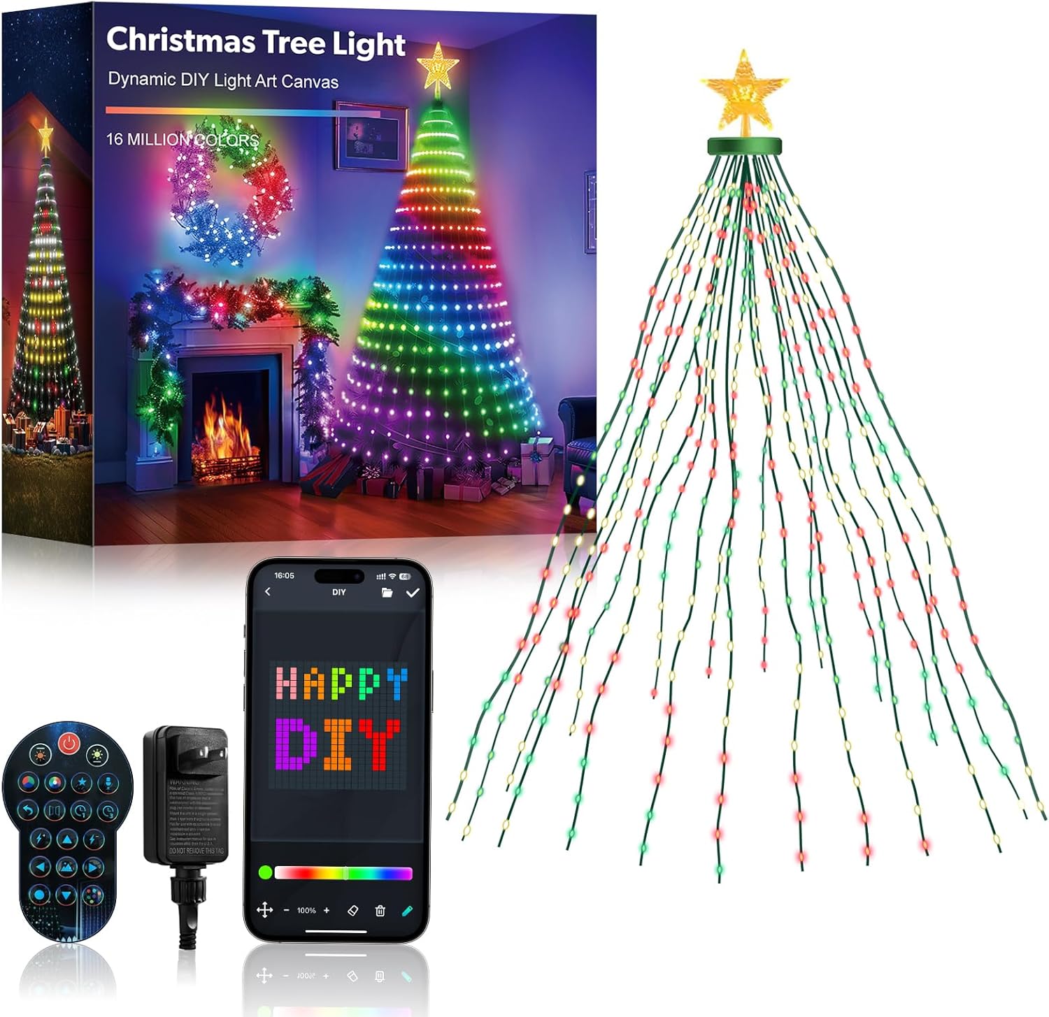 Smart Christmas Tree Lights, 400 LEDs DIY Animated Color Changing Light Show with Ring & Topper Star, Waterfall Xmas Tree Lights with App & Remote Control, Music Sync, Timer