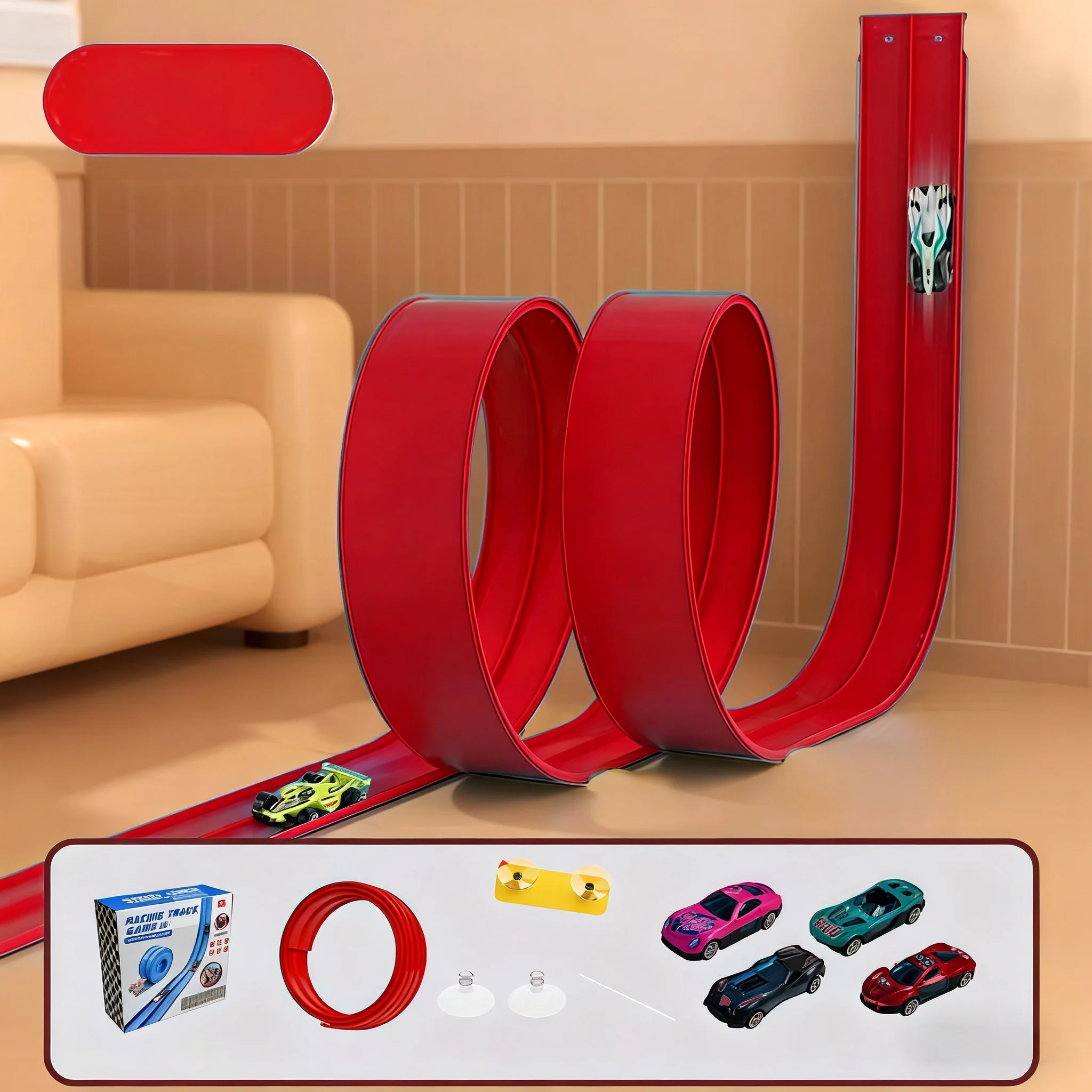 Flex Tracks 15Ft for Kids, STEM Flexible Race Car Ramp Track with 4 Small Racecars 12 Suction Cups and 1 Hook, Compatible with Hot Wheels and Diecast 1/64th Cars, Rolls Up Portable Racetrack for Ages 3 & Up,