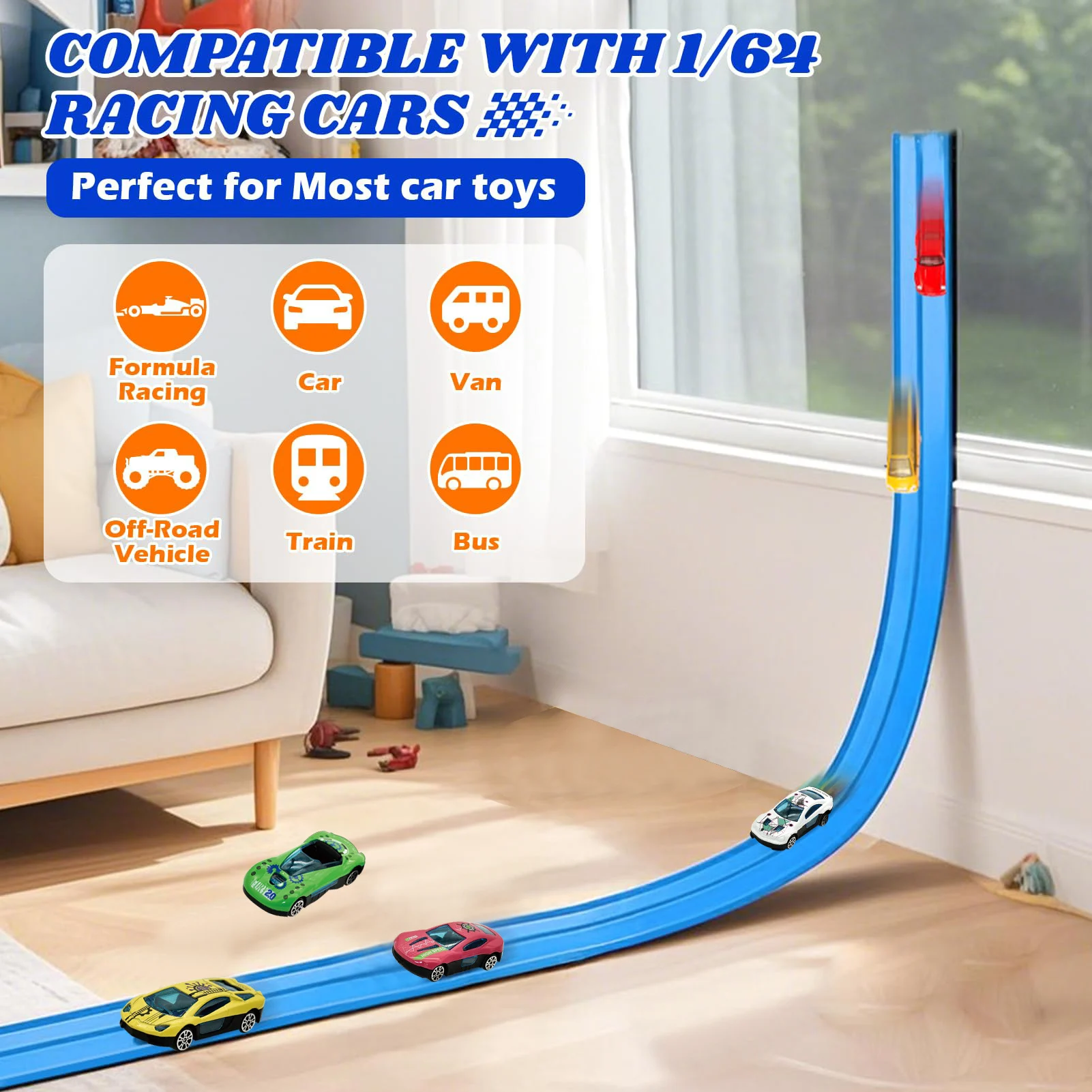 Flex Tracks 15Ft for Kids, STEM Flexible Race Car Ramp Track with 4 Small Racecars 12 Suction Cups and 1 Hook, Compatible with Hot Wheels and Diecast 1/64th Cars, Rolls Up Portable Racetrack for Ages 3 & Up,