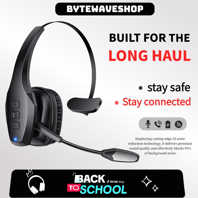 Bytewaveshop Trucker Bluetooth Headset, Wireless with Mic,Bluetooth Headset with Dual Noise Cancelling Microphone & Mute Button, 55Hrs Working Time PC Headset for Cell Phones, Computer, Truck Driver Audio Headphone