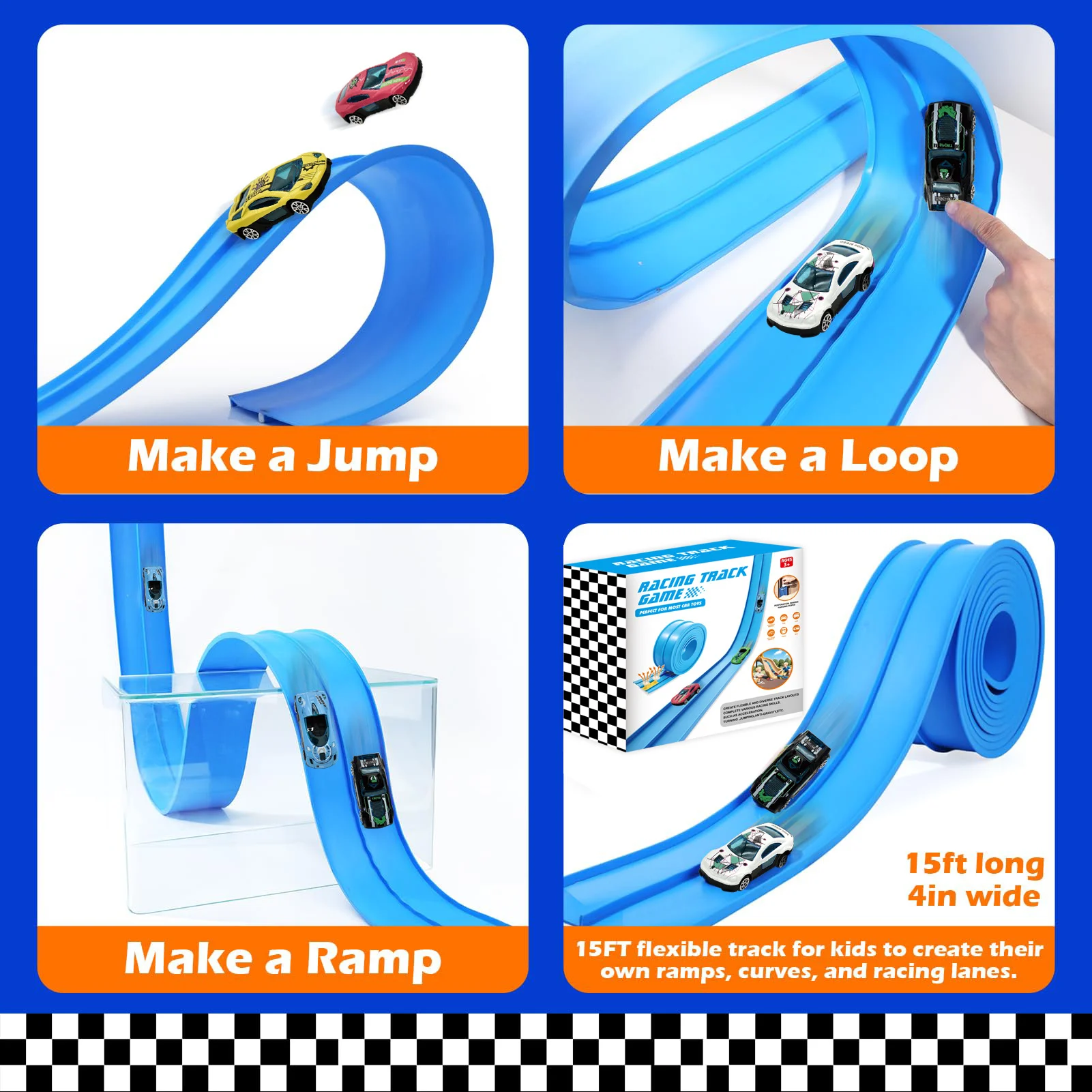 Flex Tracks 15Ft for Kids, STEM Flexible Race Car Ramp Track with 4 Small Racecars 12 Suction Cups and 1 Hook, Compatible with Hot Wheels and Diecast 1/64th Cars, Rolls Up Portable Racetrack for Ages 3 & Up,