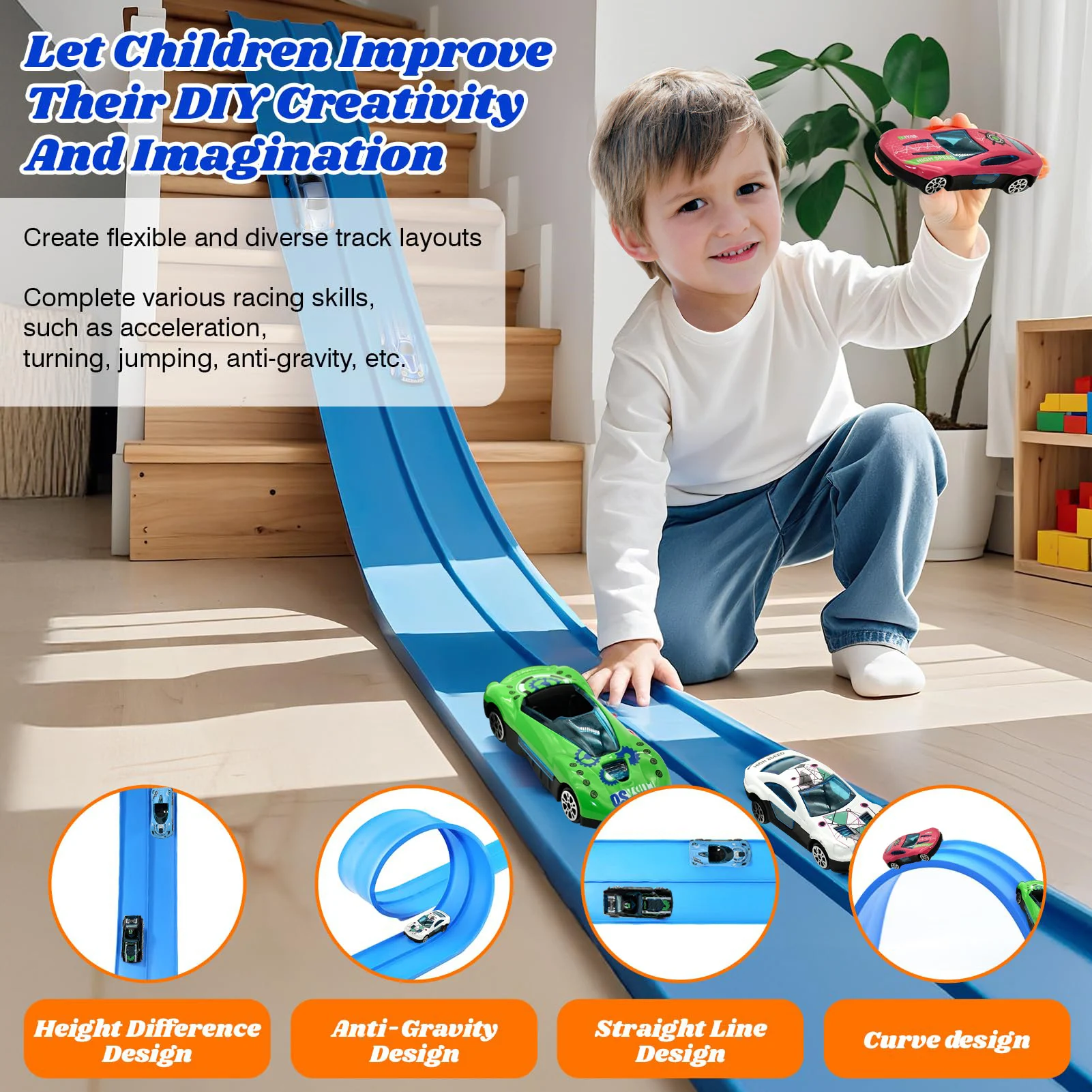 Flex Tracks 15Ft for Kids, STEM Flexible Race Car Ramp Track with 4 Small Racecars 12 Suction Cups and 1 Hook, Compatible with Hot Wheels and Diecast 1/64th Cars, Rolls Up Portable Racetrack for Ages 3 & Up,