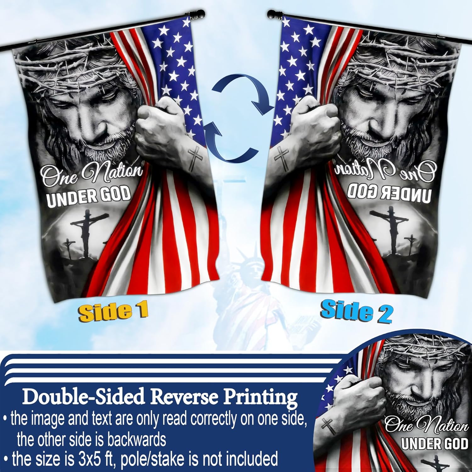 One Nation Under God Flag - American Christian Jesus Flag for Outside 3x5 Double Sided - Easter Outdoor House Yard Decorations - Patriotic God Banner - Christian Gifts