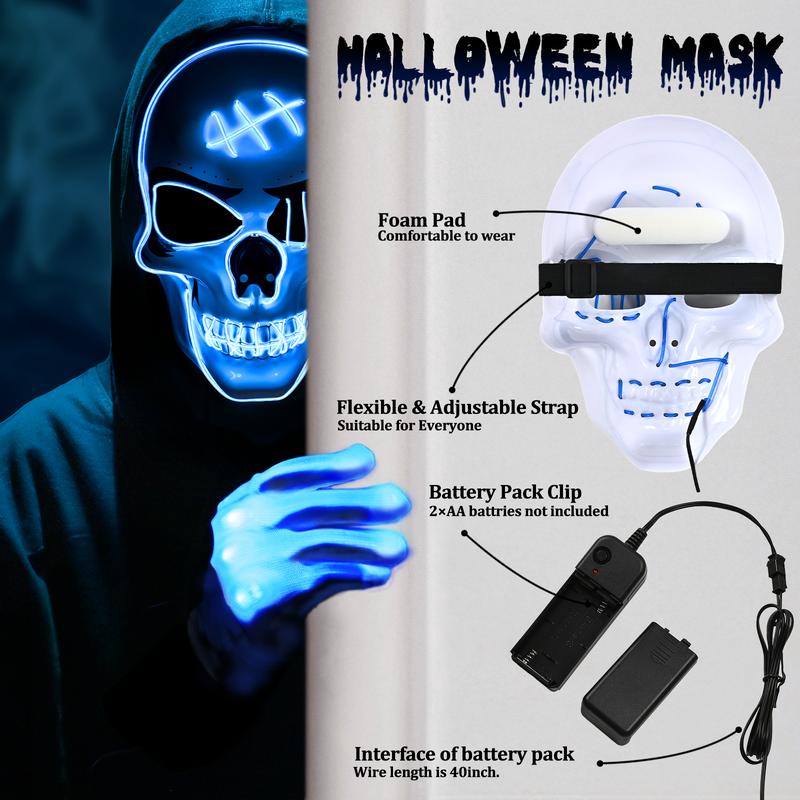 2025 New Halloween LED Mask Scary LED Skeleton Mask Purge Hacker Mask Glow in The Dark Mask for Halloween Costume Party