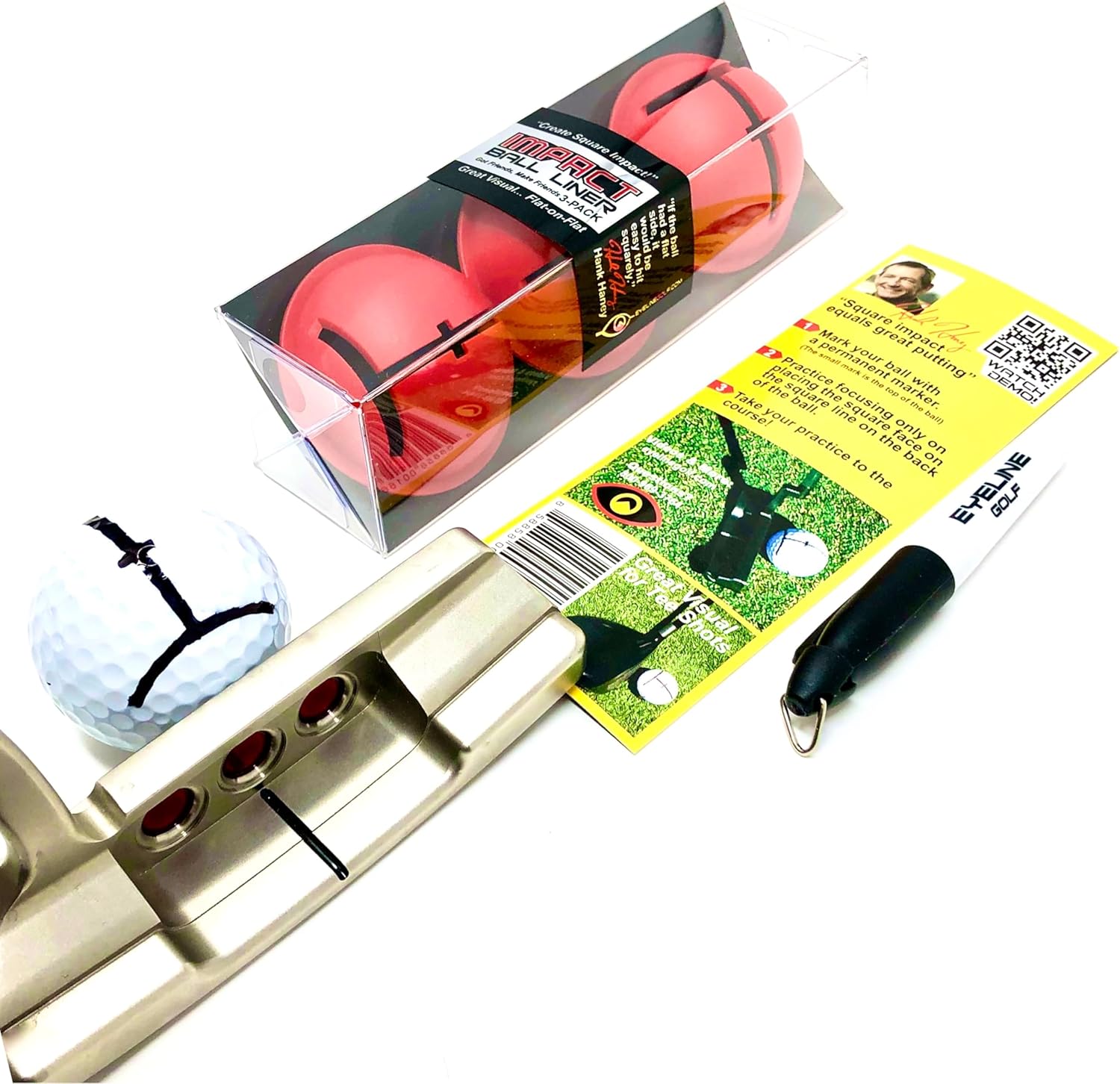 EyeLine Golf Impact Ball Liner 3-Pack with Marker by Hank Haney - Easy Ball Marking Stencil for Accurate Putter Face & Target Line, USGA Legal, Precision Putting Alignment Tool Used by Tour Players