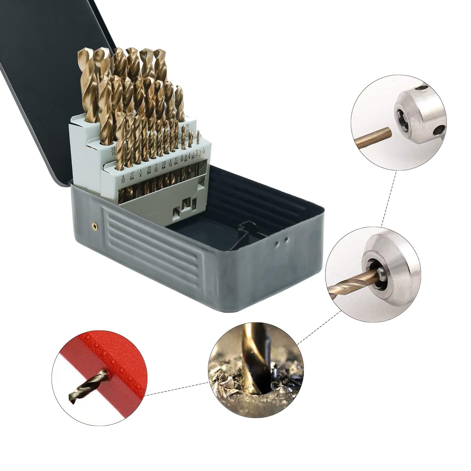 29Pcs Cobalt Drill Bits Set, M35 High Speed Steel, 135 Degree Tip, Stainless Steel, Plastic and Wood with Metal Indexed Storage Case 1/16