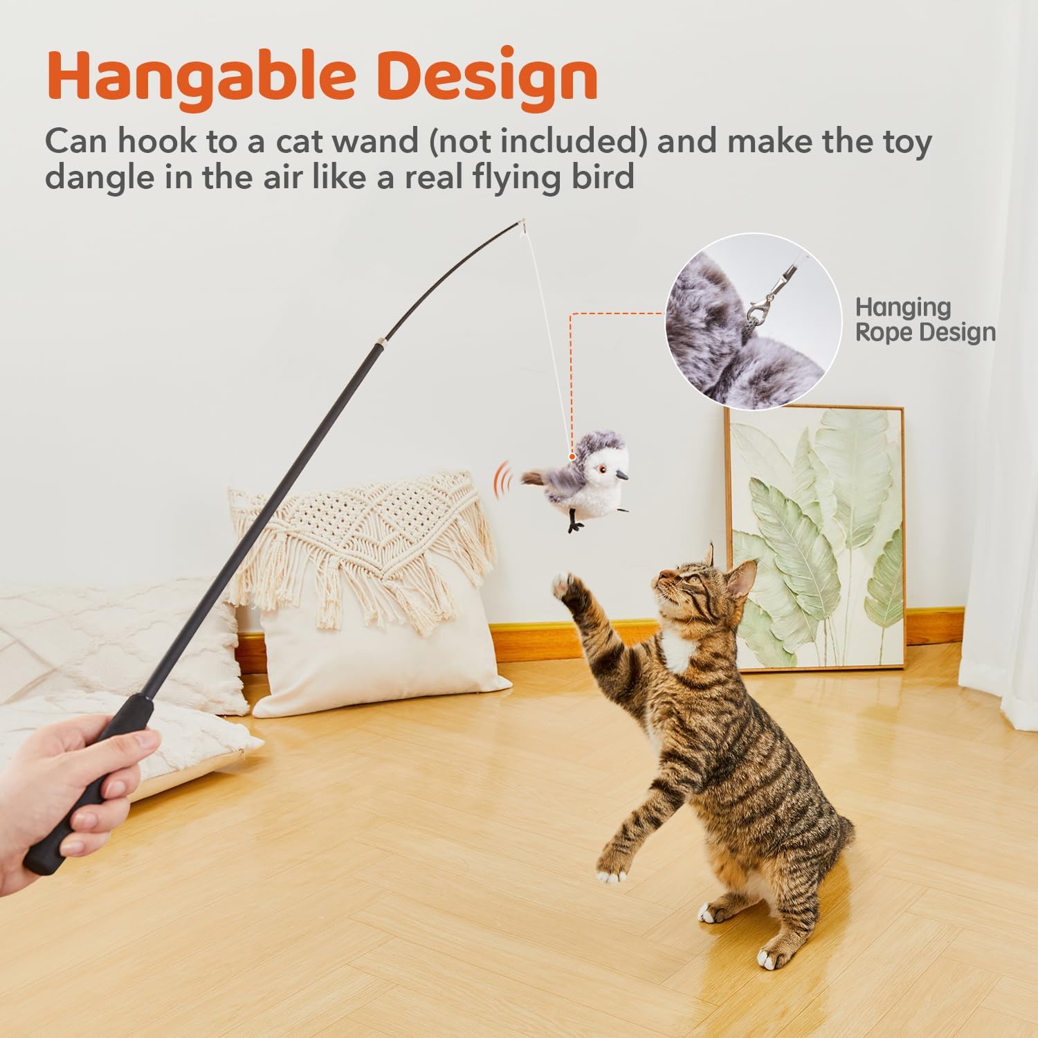 Potaroma Flapping Bird Cat Toy, Lifelike Bird Chirp,Touch-Activated Kitten Toy Rechargeable,