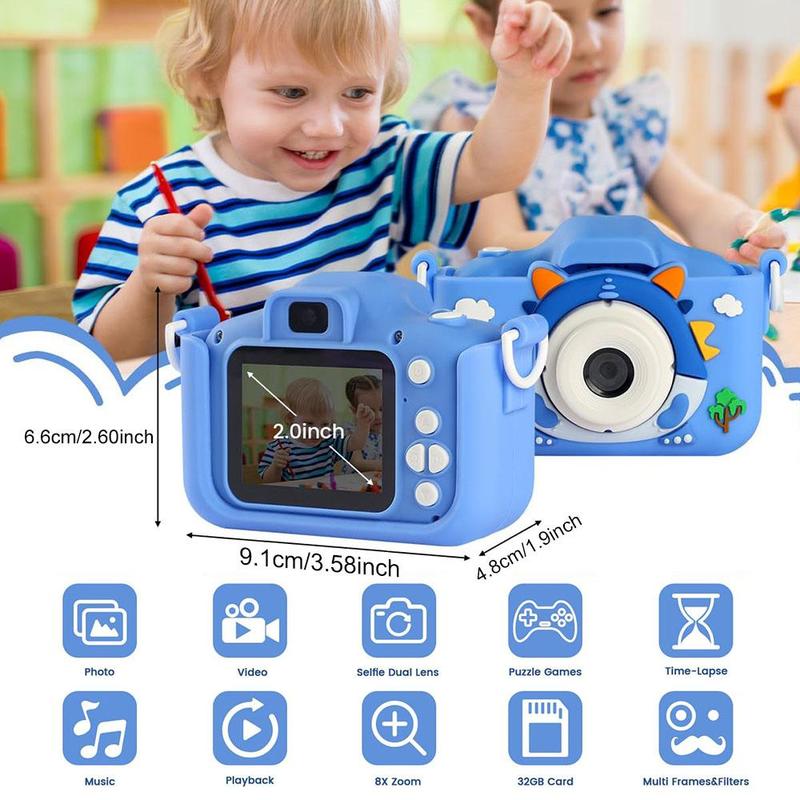 Dinosaur Design Digital Portable Camera, Cute Video Recording Pocket Camera Toy with 32GB Memory Card,