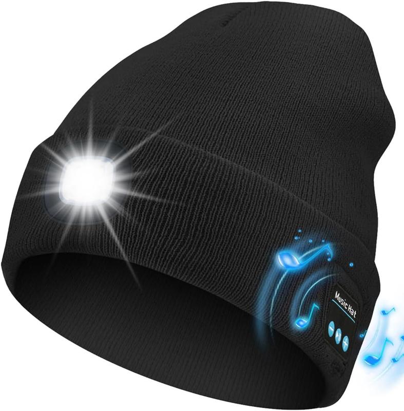 Bluetooth Beanie with a Light, Unisex USB Rechargeable 4 LED Fashlight Hat with Cordless Headphones