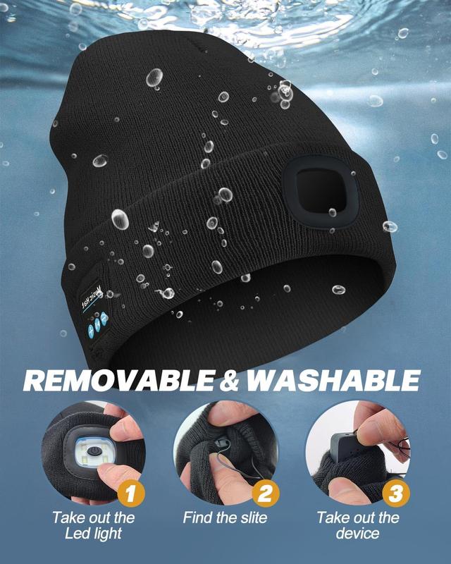 Bluetooth Beanie with a Light, Unisex USB Rechargeable 4 LED Fashlight Hat with Cordless Headphones