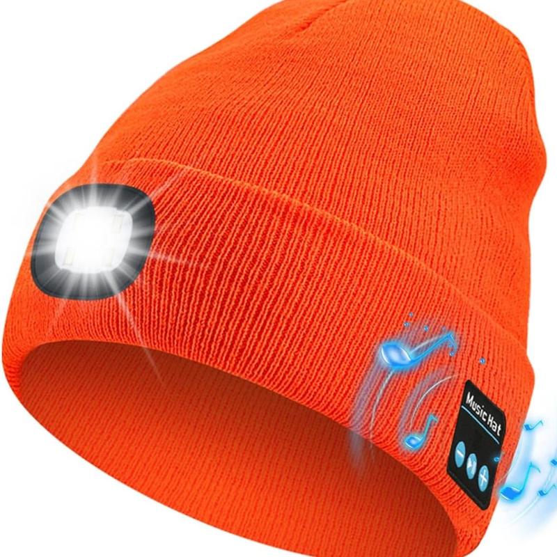 Bluetooth Beanie with a Light, Unisex USB Rechargeable 4 LED Fashlight Hat with Cordless Headphones