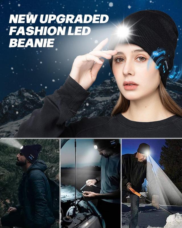 Bluetooth Beanie with a Light, Unisex USB Rechargeable 4 LED Fashlight Hat with Cordless Headphones