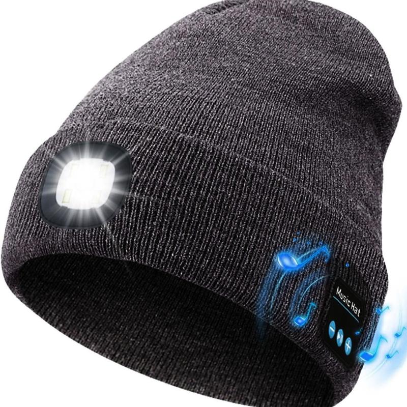Bluetooth Beanie with a Light, Unisex USB Rechargeable 4 LED Fashlight Hat with Cordless Headphones