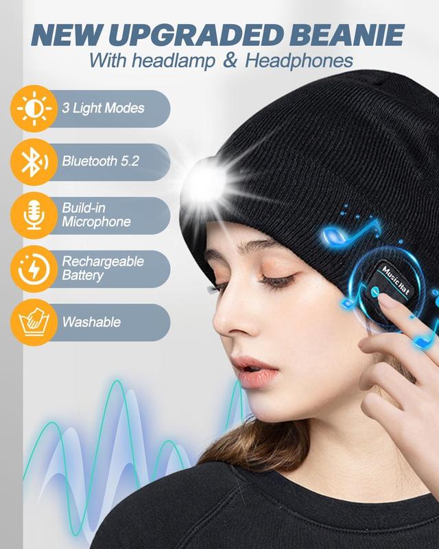 Bluetooth Beanie with a Light, Unisex USB Rechargeable 4 LED Fashlight Hat with Cordless Headphones