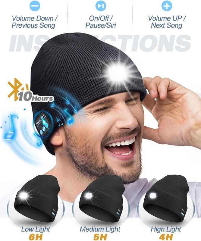 Bluetooth Beanie with a Light, Unisex USB Rechargeable 4 LED Fashlight Hat with Cordless Headphones