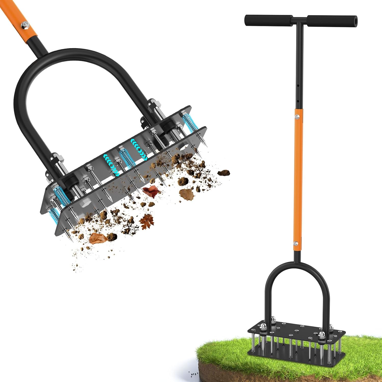GAINO Lawn Aerator & Aerator Lawn Tool - Manual Yard Aerator for Lawn with 15 Spikes, Automatic Dirt and Leaf Clean Design, Adjustable T-Handle, Pre-Assembled Lawn Aerator Tools