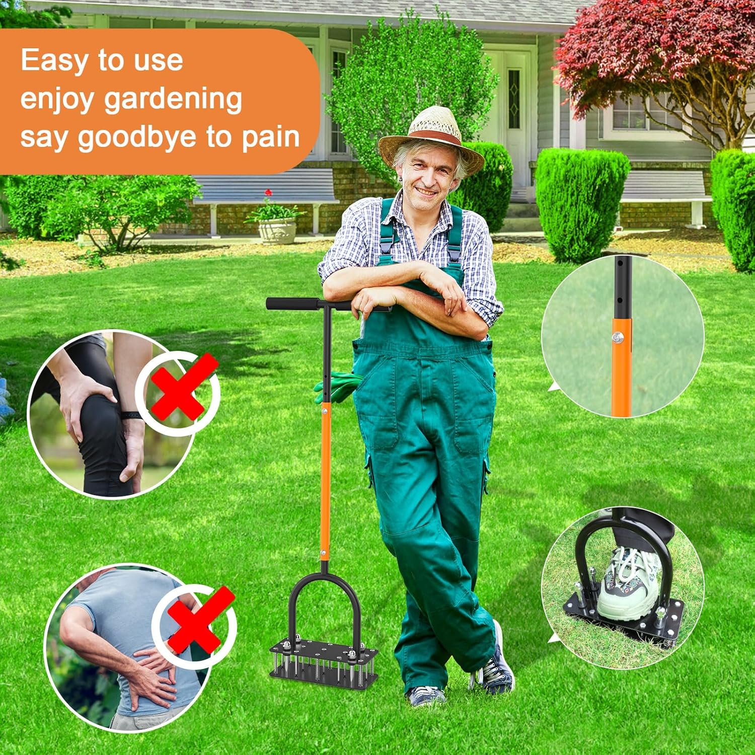 GAINO Lawn Aerator & Aerator Lawn Tool - Manual Yard Aerator for Lawn with 15 Spikes, Automatic Dirt and Leaf Clean Design, Adjustable T-Handle, Pre-Assembled Lawn Aerator Tools