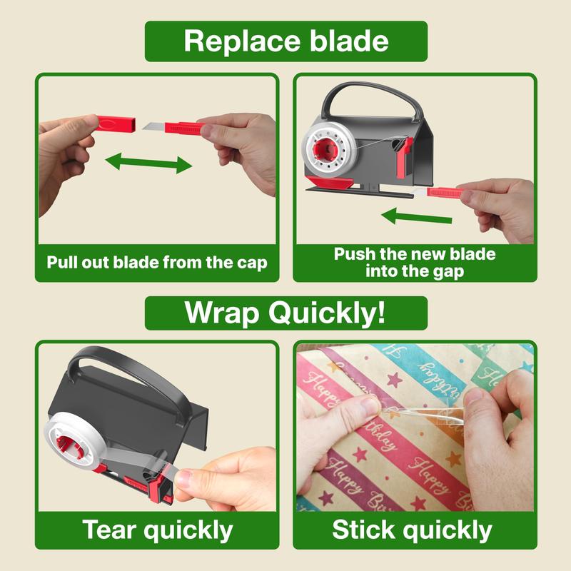 Wrapping Paper Cutter(2-Pack) & Tape Dispenser Dual Use with 4 Tapes，2 Replace Blades Kit for Christmas Gift Wrap Cutter Tool Paper Roll Holder Tube Sliding Slicing for Birthday Holiday.