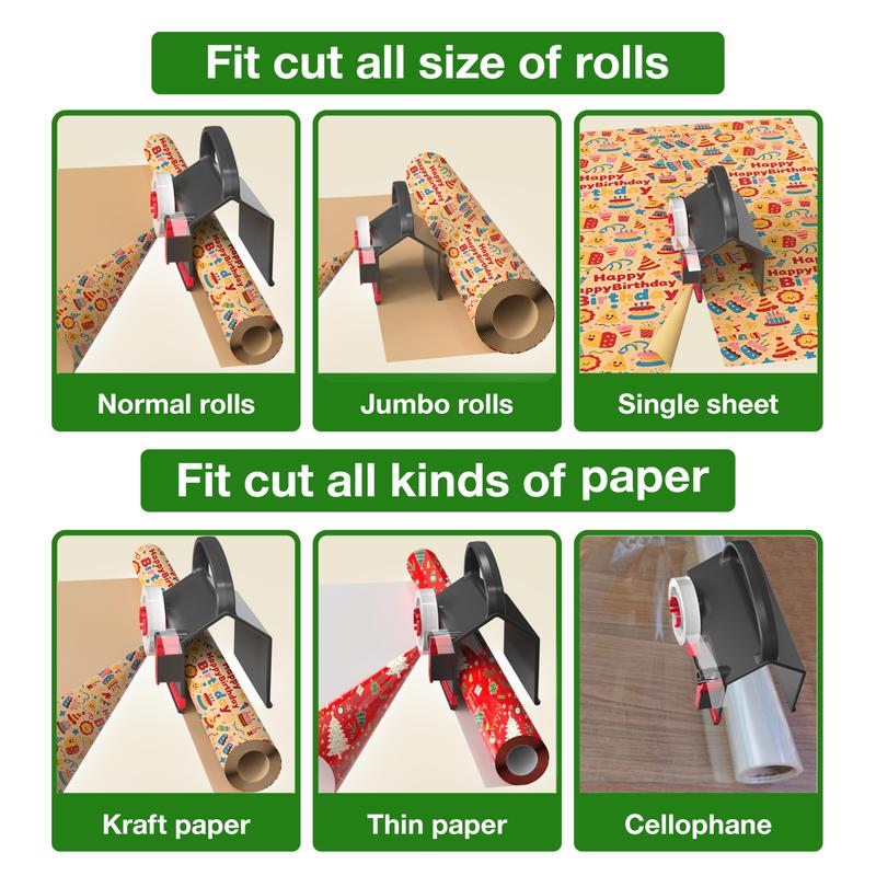Wrapping Paper Cutter(2-Pack) & Tape Dispenser Dual Use with 4 Tapes，2 Replace Blades Kit for Christmas Gift Wrap Cutter Tool Paper Roll Holder Tube Sliding Slicing for Birthday Holiday.