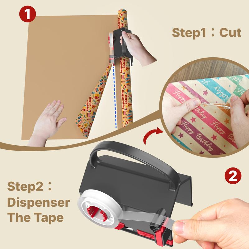 Wrapping Paper Cutter(2-Pack) & Tape Dispenser Dual Use with 4 Tapes，2 Replace Blades Kit for Christmas Gift Wrap Cutter Tool Paper Roll Holder Tube Sliding Slicing for Birthday Holiday.