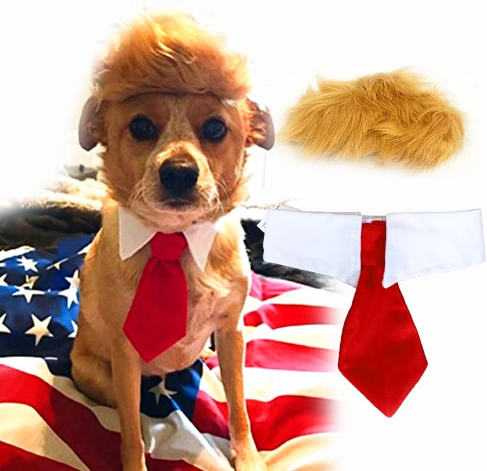 2 Piece Hilarious Halloween Costume for Cats & Dogs with Red Tie & Blonde Wig - Easy On/Off Design for Pet Festivals