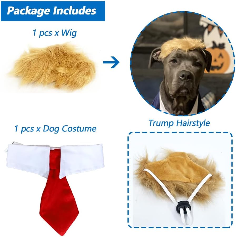 2 Piece Hilarious Halloween Costume for Cats & Dogs with Red Tie & Blonde Wig - Easy On/Off Design for Pet Festivals