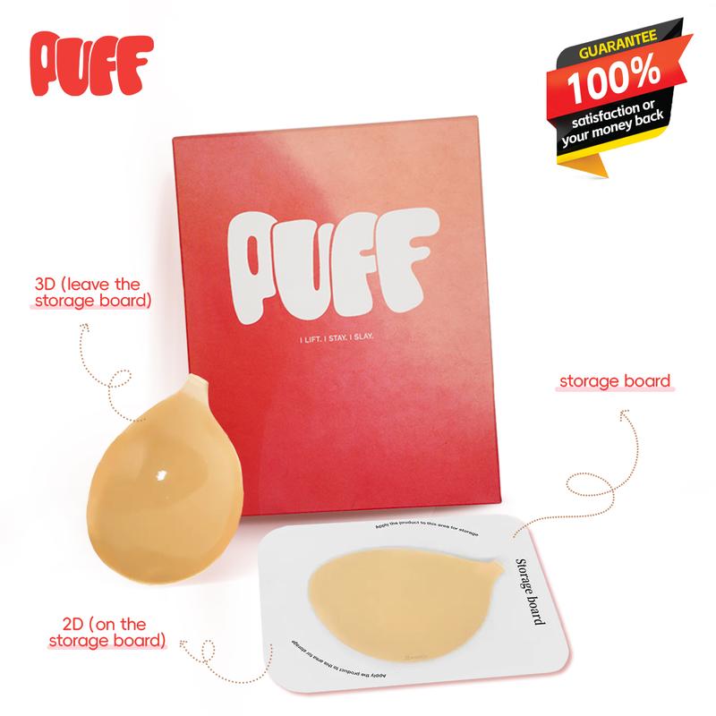 Puff #1 Push-up Sticky Bra – Waterproof & Sweat-proof, Portable, Reusable, Washable, Essential for Travel Women's Wear with Storage Board & Replaceable Adhesive Pads